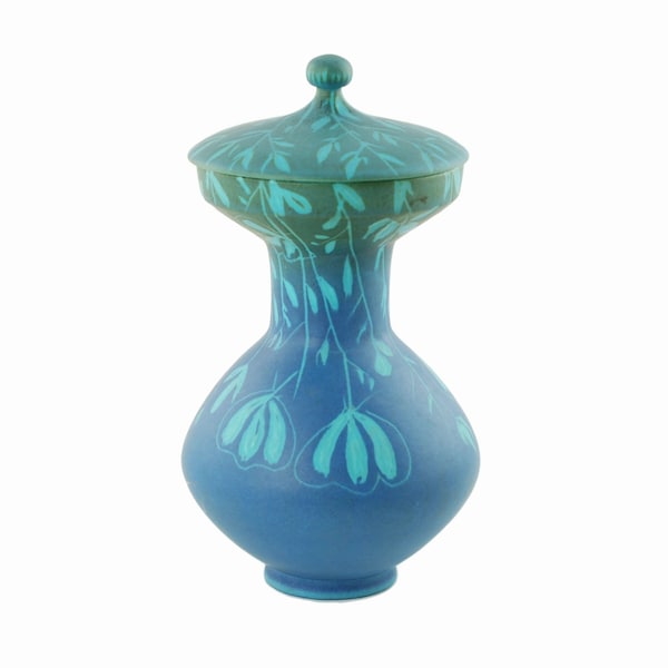 Vintage Alvino Bagni for Raymor Blue and Green Lidded Vessel with Floral and Foliate Wax Resist Decor