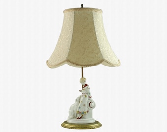 Antique German Katzhütte Hand Painted Porcelain Art Deco Woman and Borzoi Table Lamp with Base by Mutual Sunset Lamp Co and Roseart Shade