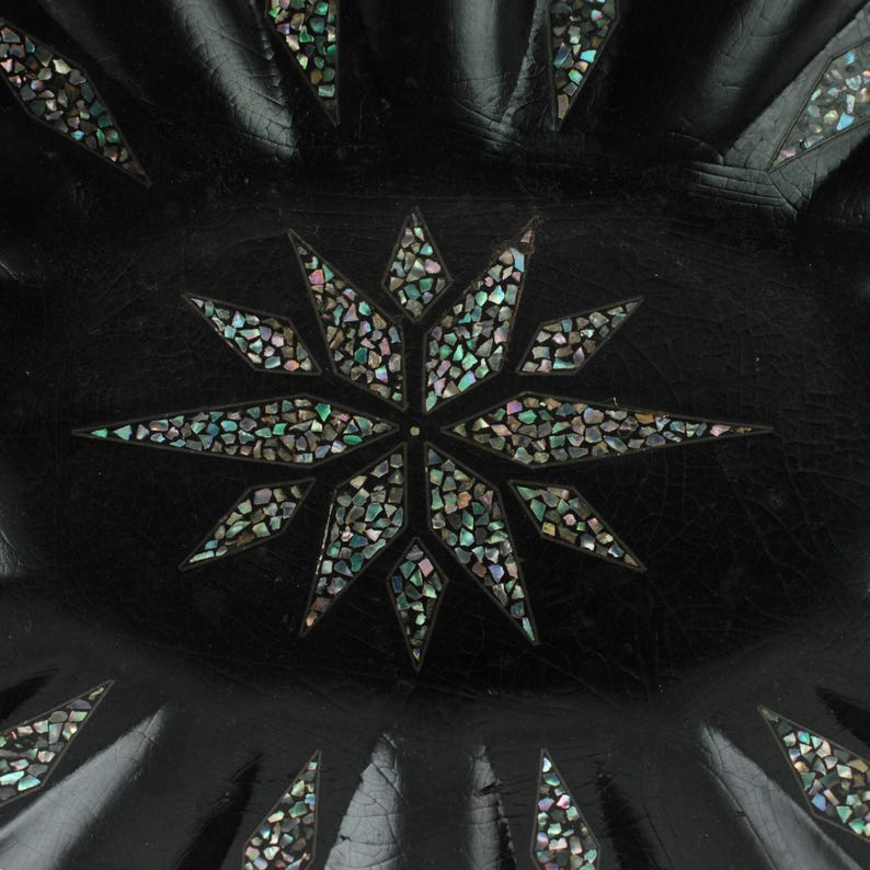 Antique English Ebonized Paper Mache Oval Tray with Inlaid Mother of Pearl image 3