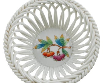 Vintage Herend Fruits and Flowers DISH Open Weave Basket Bowl 7373