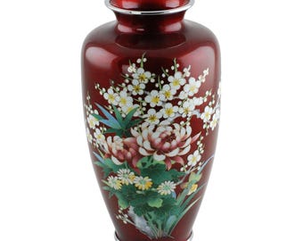 Jarrón japonés antiguo Ginbari con esmalte cloisonné y lámina en relieve