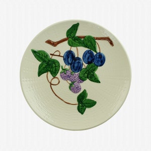 Vintage Georg Schmider Zell Majolica &quot;Plums and Berries&quot; Basket Weave Plate Marked Western Germany