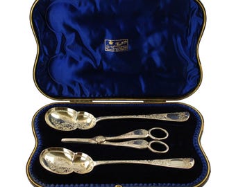 Antique English Sterling Silver Cased 3 Piece Fruit Serving Set by George Jackson and David Fullerton