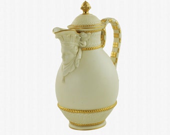 Antique Royal Worcester Gilded Porcelain Chocolate Pot, Mask Head Spout Motif Circa 1884