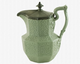 Antique Ridgway Alhambra Pattern Relief Molded Stoneware Pitcher with James Dixon & Sons Silver Plate Lid