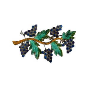 Large Vintage Handmade Enameled Sterling Silver Grapevine Brooch Pin with Dimensional Tendrils