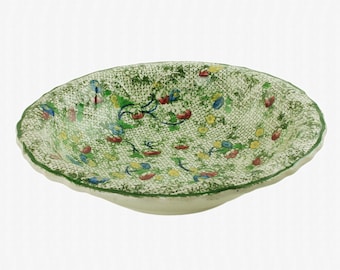 Antique English Staffordshire Green Chintz Transferware Bowl with Clobbered Red, Blue and Yellow Floral Detail