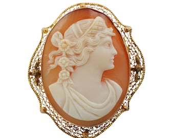 Antique Hera Cameo Brooch Pin 10K Yellow Gold Filigree Frame with Lever Safety Clasp, Hand Carved Shell Cameo