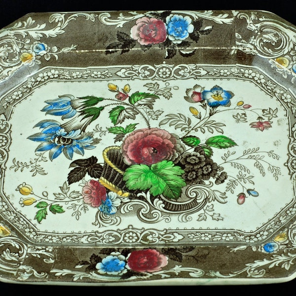 Antique English E Challinor Hand Painted Polychrome "'Canella" Transferware Platter