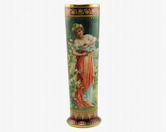 Antique Heufel & Co Dresden Hand Painted Porcelain 10" Vase with Raised Gilt and Enamel Accents, Maiden and Putto Motif, Artist Signed