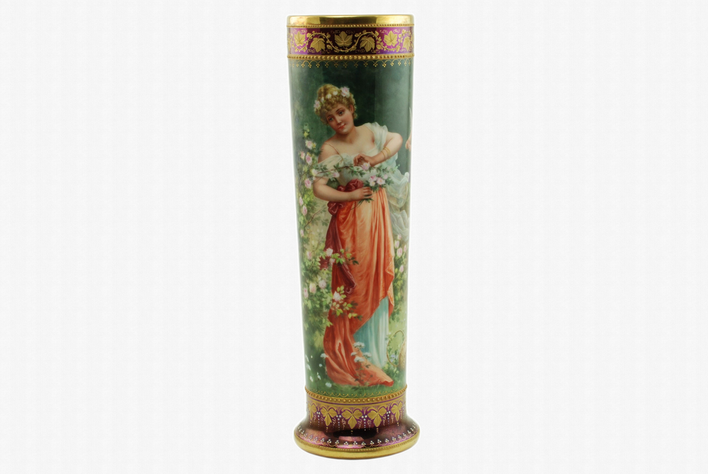 Antique Heufel & Co Dresden Hand Painted Porcelain 10" Vase with Raised Gilt and Enamel Accents, Maiden and Putto Motif, Artist Signed