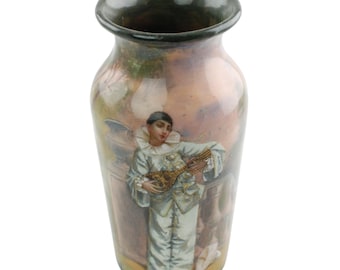 Antique Hand Painted French Foil Enamel Miniature Cabinet Vase, &quot;Pierrot Playing Mandolin&quot; after Lêon François Comerre, Signed and Numbered