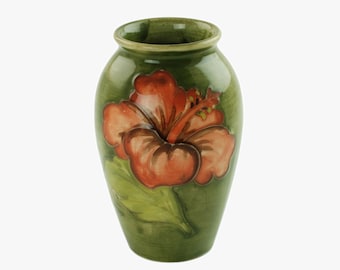 Vintage Walter Moorcroft Pottery Green and Coral Hibiscus Motif Bud Vase with Original Paper Label Potters to The Late Queen Mary