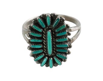 Anillo vintage Zuni con racimo de turquesas, punta de aguja, plata de ley, caña dividida, talla 7.5
