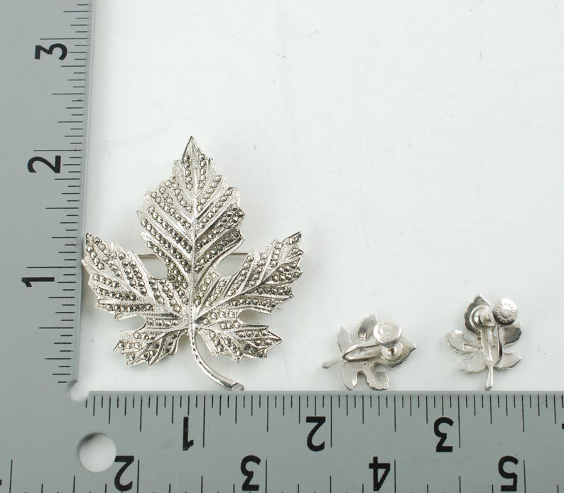 Vintage Sterling Silver and Marcasite Maple Leaf Brooch Pin and Earring Set Demi Parure 19.9 Grams image 11