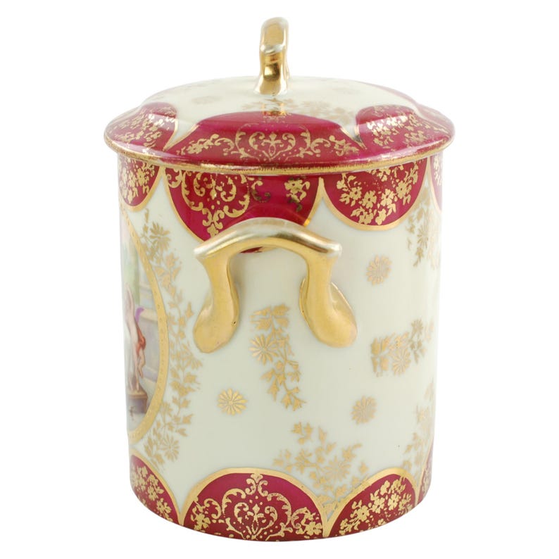 Antique Royal Vienna Style Porcelain Lidded Jelly Jar with Raised Gilt Beaded Decoration and Matching Underplate image 4