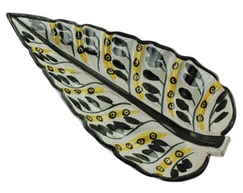 Vintage Swedish Olof Larsson for Laholm Keramik Hand Painted Leaf Form Dish with Ribbed Detail