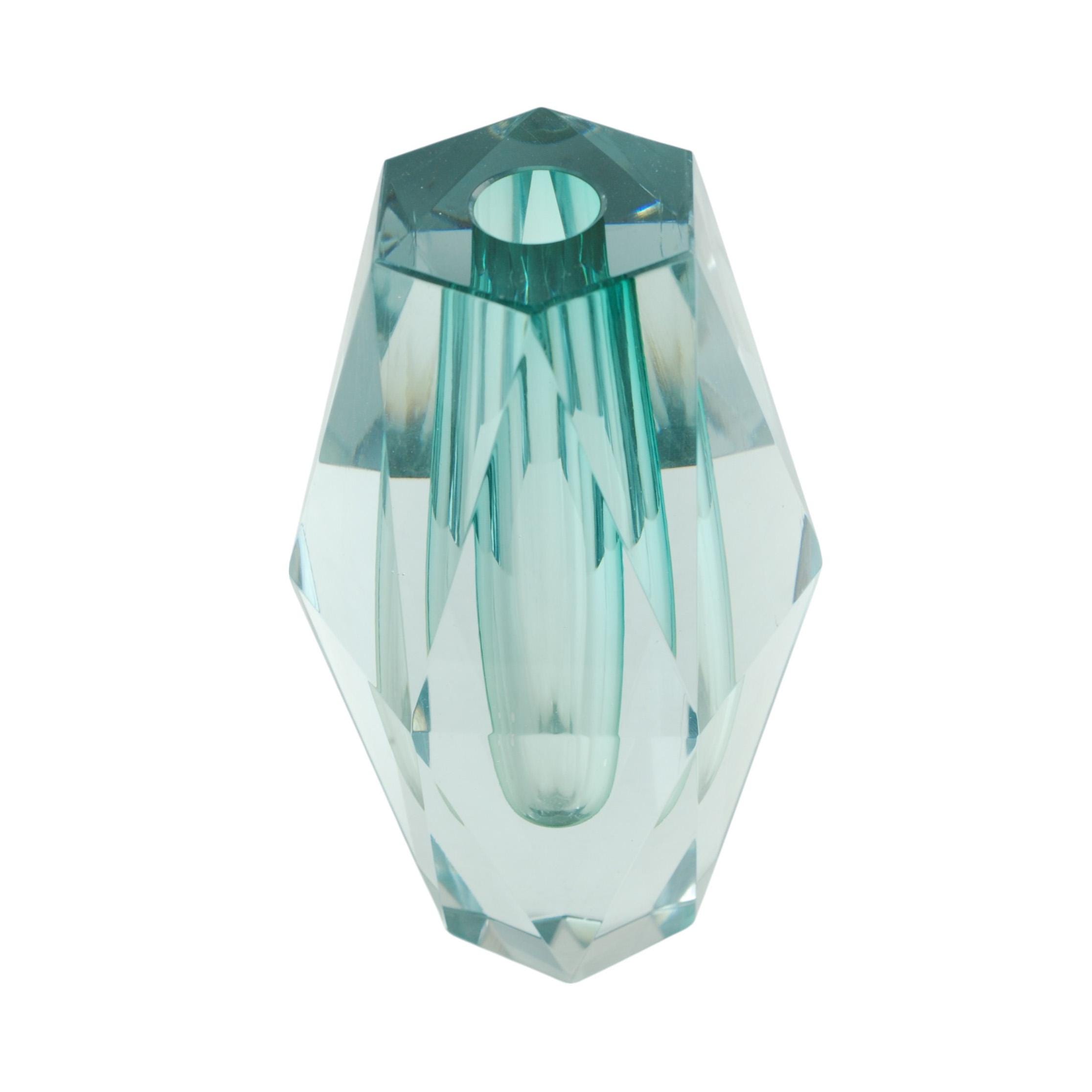 Vintage Asta Strömberg For Strömbergshyttan "Diamant" Faceted Geometric Vase in Teal & Clear Glass B950 Swedish Art