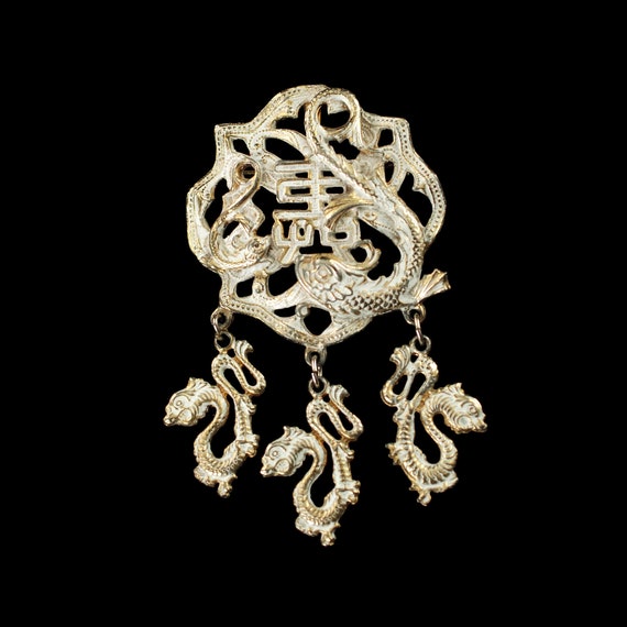 Signed Hobe Chinese Dragon Massive Pendant White Wash Over Gold Tone Statement Necklace Dangle Medallion