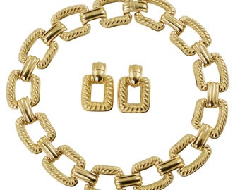 Heavy Vintage Givenchy Gold Plated Rope Motif Necklace and Convertible Door Knocker Clip On Earring Set Designer Costume Jewelry As New