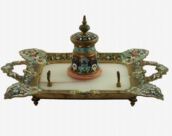 Antique Bronze Inkstand Pen Holder Banded Agate and Champleve Enamel with Original Clear Glass Inkpot