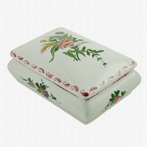 Vintage Roullet Renoleau Hand Painted French Faience Lidded Earthenware Box with Floral Motif