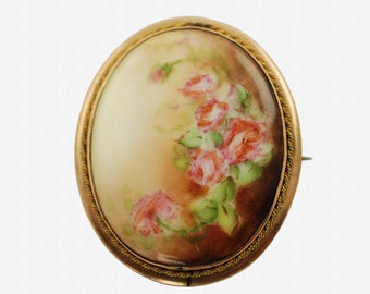 Antique Porcelain Convertible Brooch/Pendant with Hand Painted Floral Motif