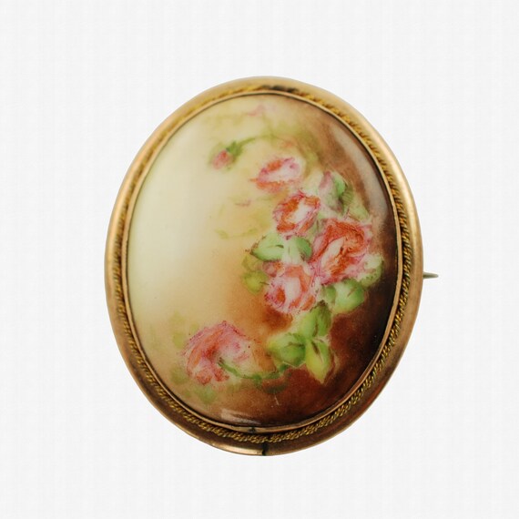 Broche Ancienne En Or 18 Carats Et Porcelaine - Bijou Antique, Occasion, Pièce Unique
