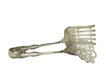 Pinzas antiguas para servir espárragos Wilcox & Evertsen en plata de ley con diseño Revere, circa 1898, sin monograma, 185 gramos