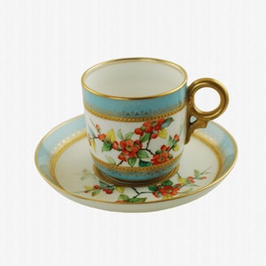 Antique Royal Worcester Jeweled Demitasse Cup and Saucer with 1886 Puce Mark, Wild Rose Motif with Gilded Turquoise Decor, Raised Gilt Beads