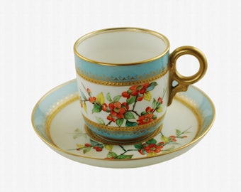 Antique Royal Worcester Jeweled Demitasse Cup and Saucer with 1886 Puce Mark, Wild Rose Motif with Gilded Turquoise Decor, Raised Gilt Beads