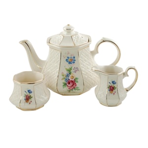 Vintage Sadler England Gilded Floral Embossed Trellis Teapot, Cream Jug and Open Sugar Bowl Set Pattern 3836