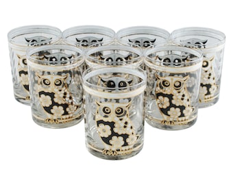 Vasos bajos de cristal Cera Glass vintage con diseño de búho y flor, con detalles en oro de 22 quilates, juego de ocho unidades.