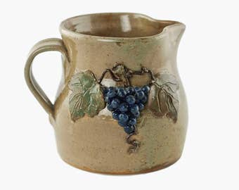 Vintage Wilford Dean Ceramic Pitcher with Dimensional Grape Cluster Motif Circa 1993, Signed Georgia Folk Art Pottery