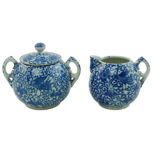 Antique Blue Phoenix Ware Cream and Sugar Set with Notched Handles