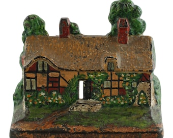 Tope de puerta antiguo de hierro fundido AM Greenblatt Studio "Ann Hathaway's Cottage" n.° 14, Copyright 1927, pintura original