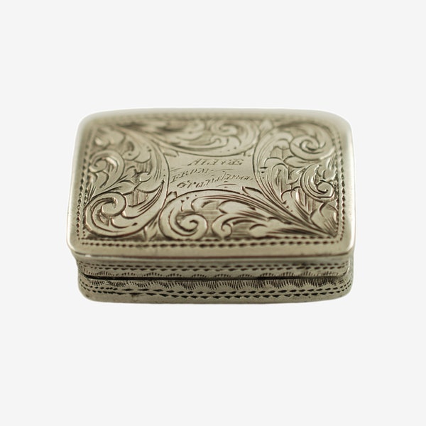 Antique 1849 David Pettifer Sterling Silver Vinaigrette with Gold Wash Floral Grille Inscribed "Alice from Grandma"