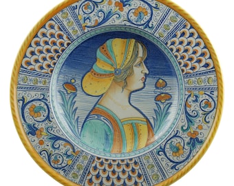 Plato de pared vintage italiano con retrato de Maiolica Deruta, loza pintada a mano por Maioliche Nulli, 32 cm