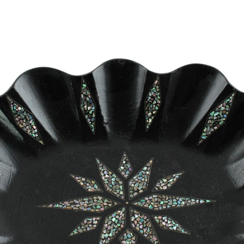 Antique English Ebonized Paper Mache Oval Tray with Inlaid Mother of Pearl image 5