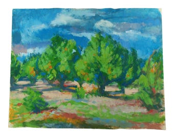Pintura impresionista vintage de paisaje en gouache, huerto californiano, árboles frutales, firmada por el artista J. Peterson.