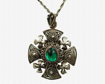 Vintage 1000 Pure Silver Jerusalem Crusaders Cross Pendant with Granulation Wirework and Green Cabochon