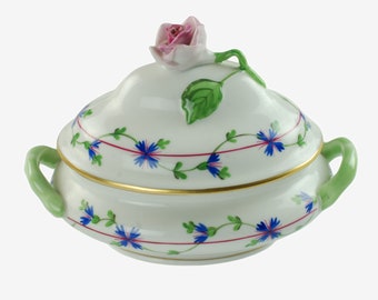 Vintage Herend Porcelain Blue Garland Pattern Miniature Double Handled Tureen Blue and Pink Floral Motif with Pink Rose Finial 6017/PBG