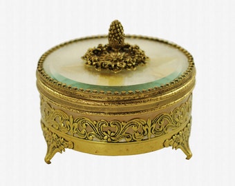 New Old Stock Vintage 24K Gold Plated Filigree Round Powder Box Glass Insert Swans Down Feather Powder Puff with Yellow Ribbon Accent