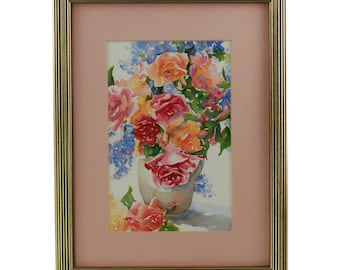 Bodegón floral original en acuarela de época "Ramo de rosas" de Mary Ann Neilson