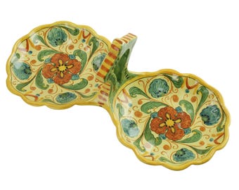 Bandeja doble de mayólica italiana vintage pintada a mano con asa de bucle A.F.M. 594 A