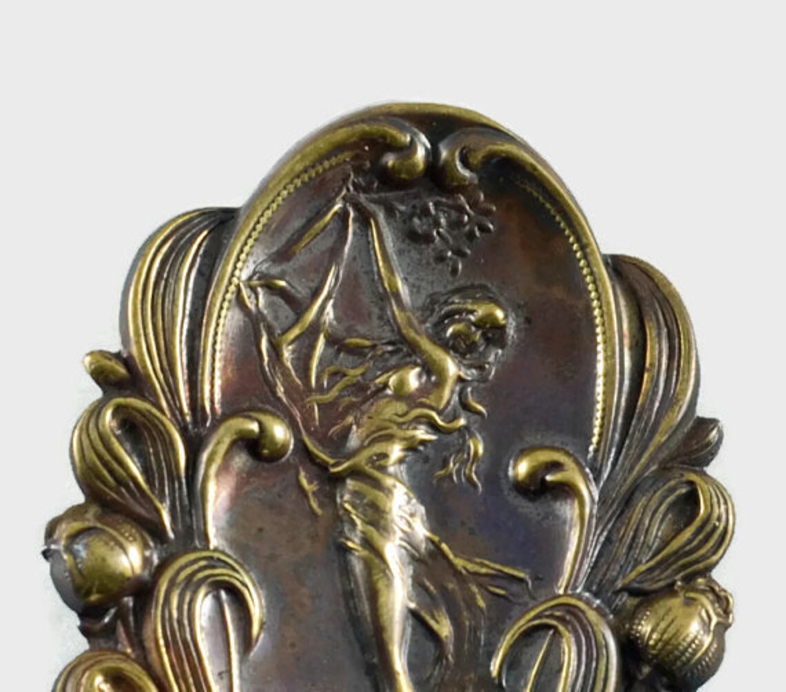 Large Ornate Vintage Art Nouveau Figural Maiden Oval Brooch image 1