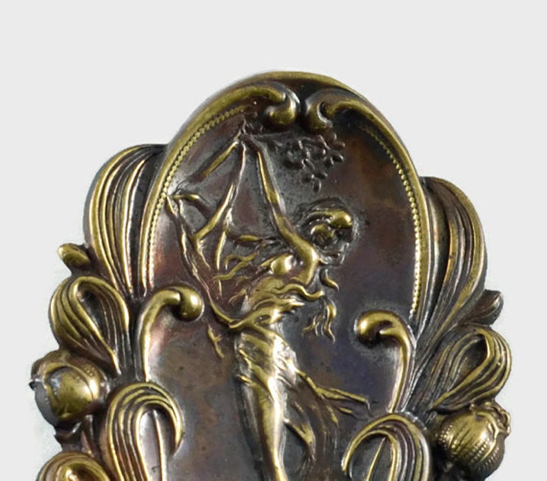 Large Ornate Vintage Art Nouveau Figural Maiden Oval Brooch image 1