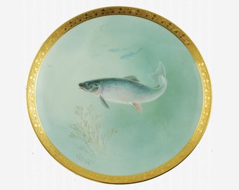 Antique 1903 Albert H. Wright for Mintons Hand Painted Porcelain Salmon Plate, Etched and Gilt Border, Signed A. H. Wright