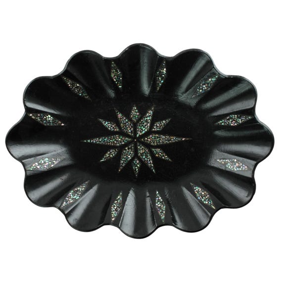 Antique English Ebonized Paper Mache Oval Tray with Inlaid Mother of Pearl