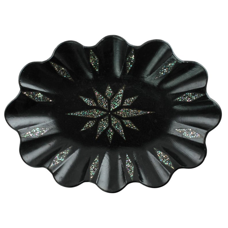 Antique English Ebonized Paper Mache Oval Tray with Inlaid Mother of Pearl image 1